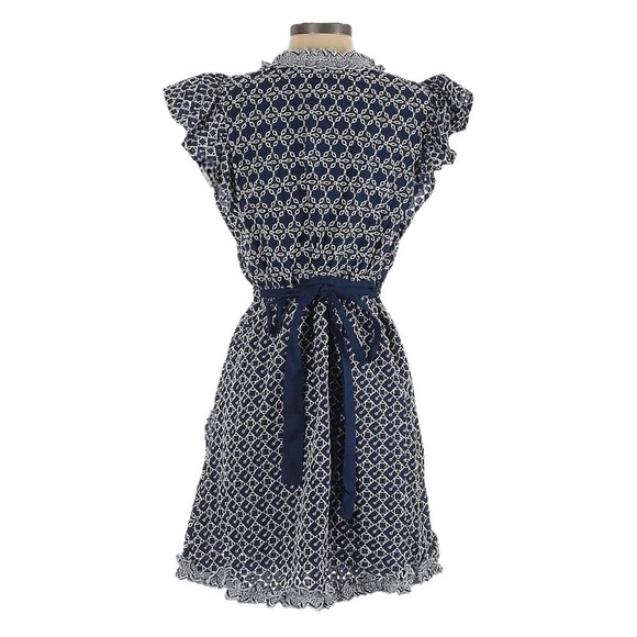 Express Printed Lace Trim Eyelet Navy Blue Belted Faux Wrap Dress Size S - Picture 2 of 11